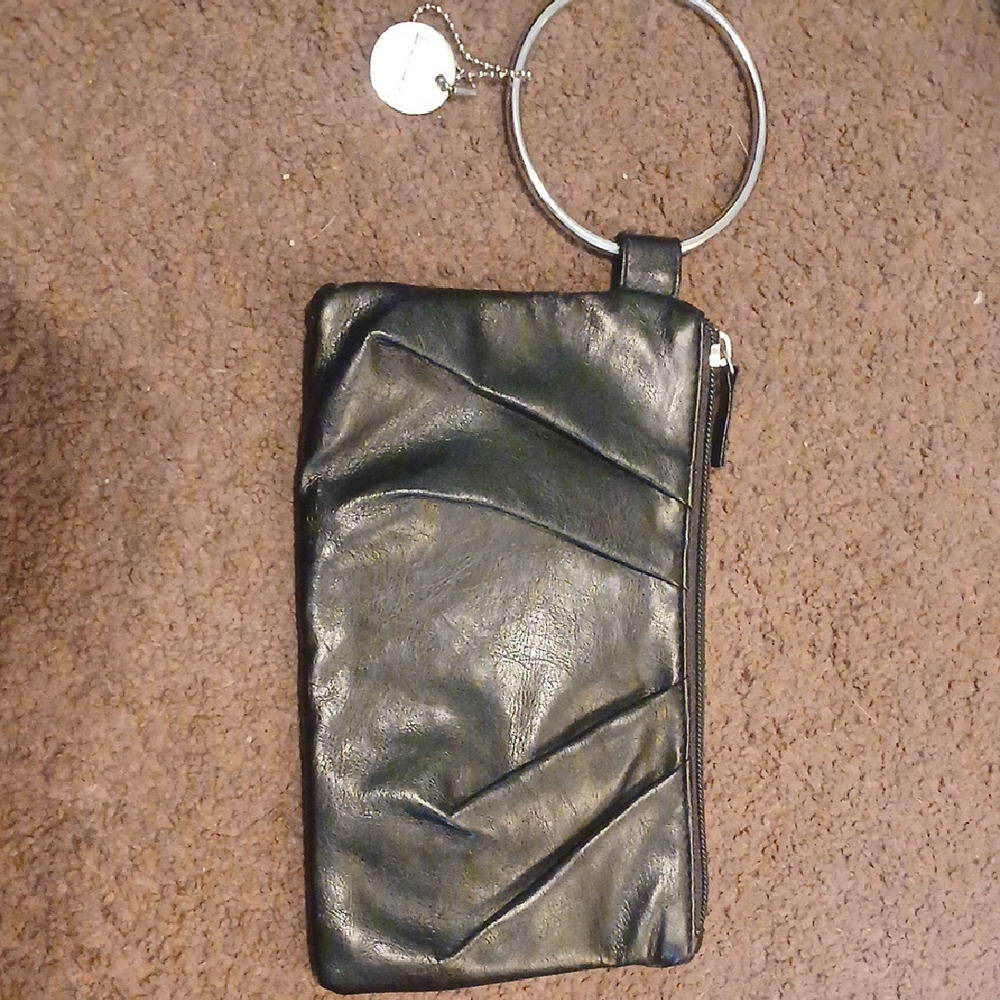 Black Leather Wristlet with Silver Ring